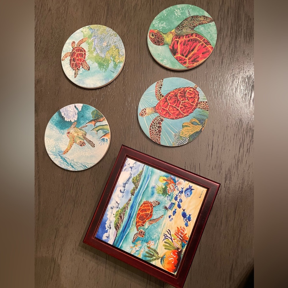 Hand painted coaster set with wooden box from St John USVI